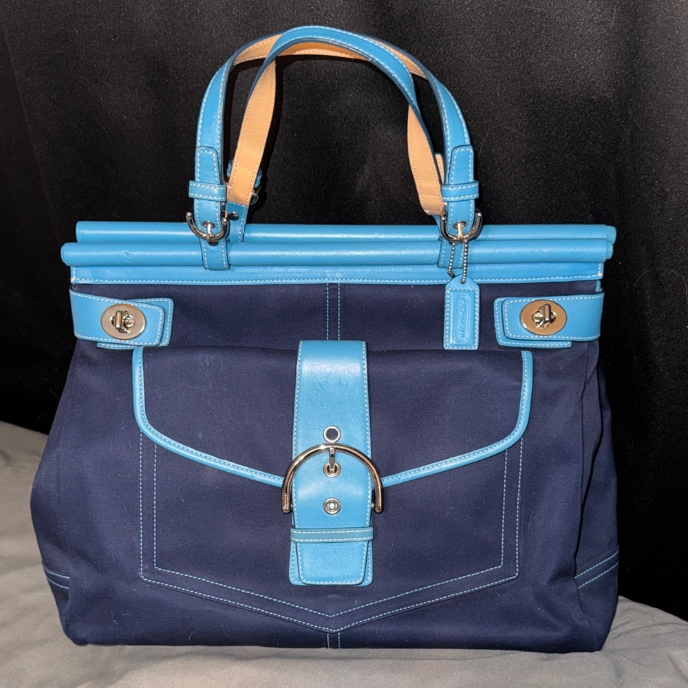 Blue Leather-Trim Navy Tote Bag